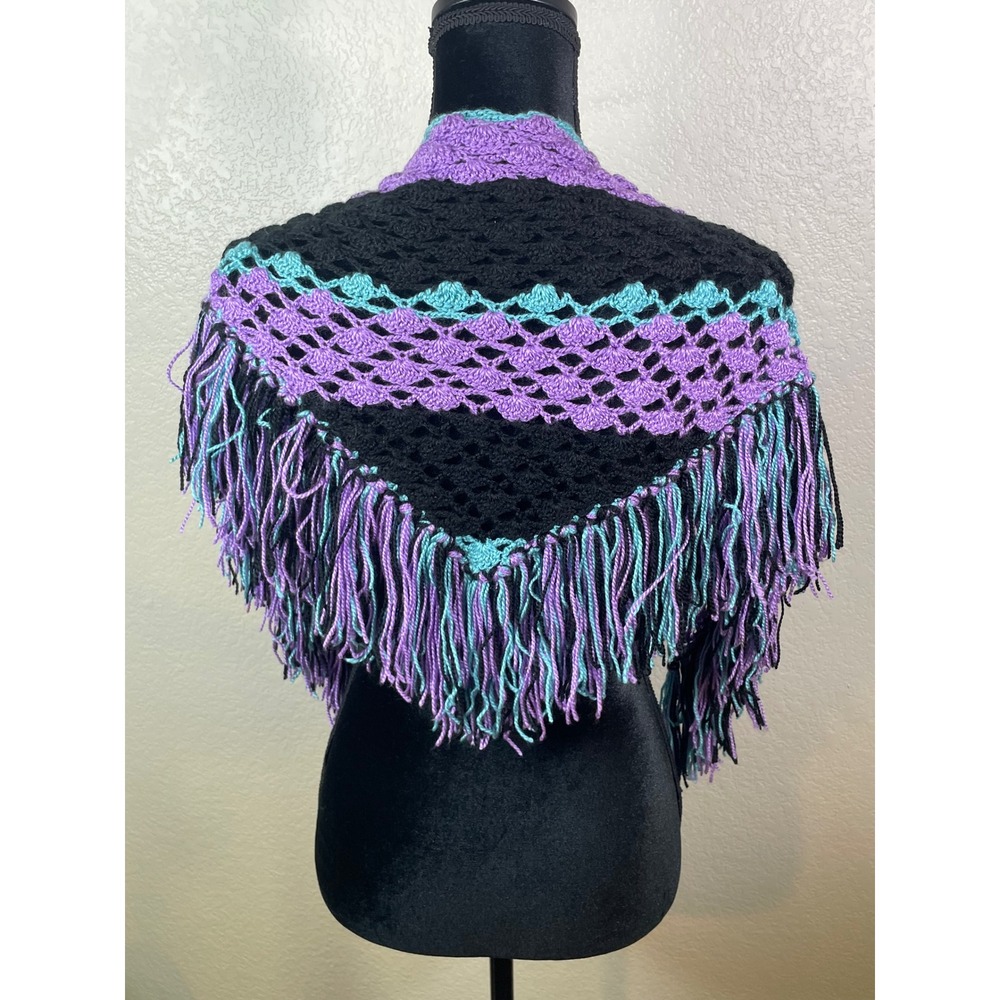 Womens Handmade OS Crochet Triangle Shawl Black Purple Aqua Fringe Boho Wrap